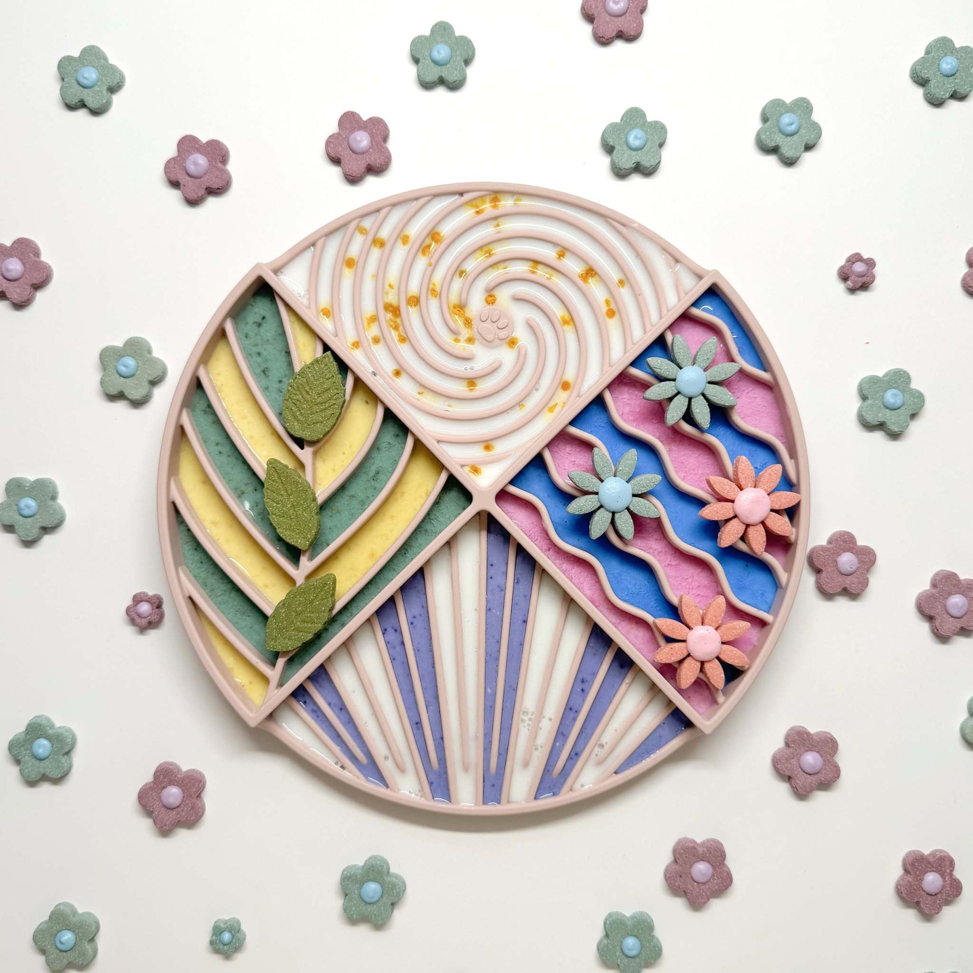 Lick Mat Circle pet toy with colorful textured sections for interactive licking and entertainment