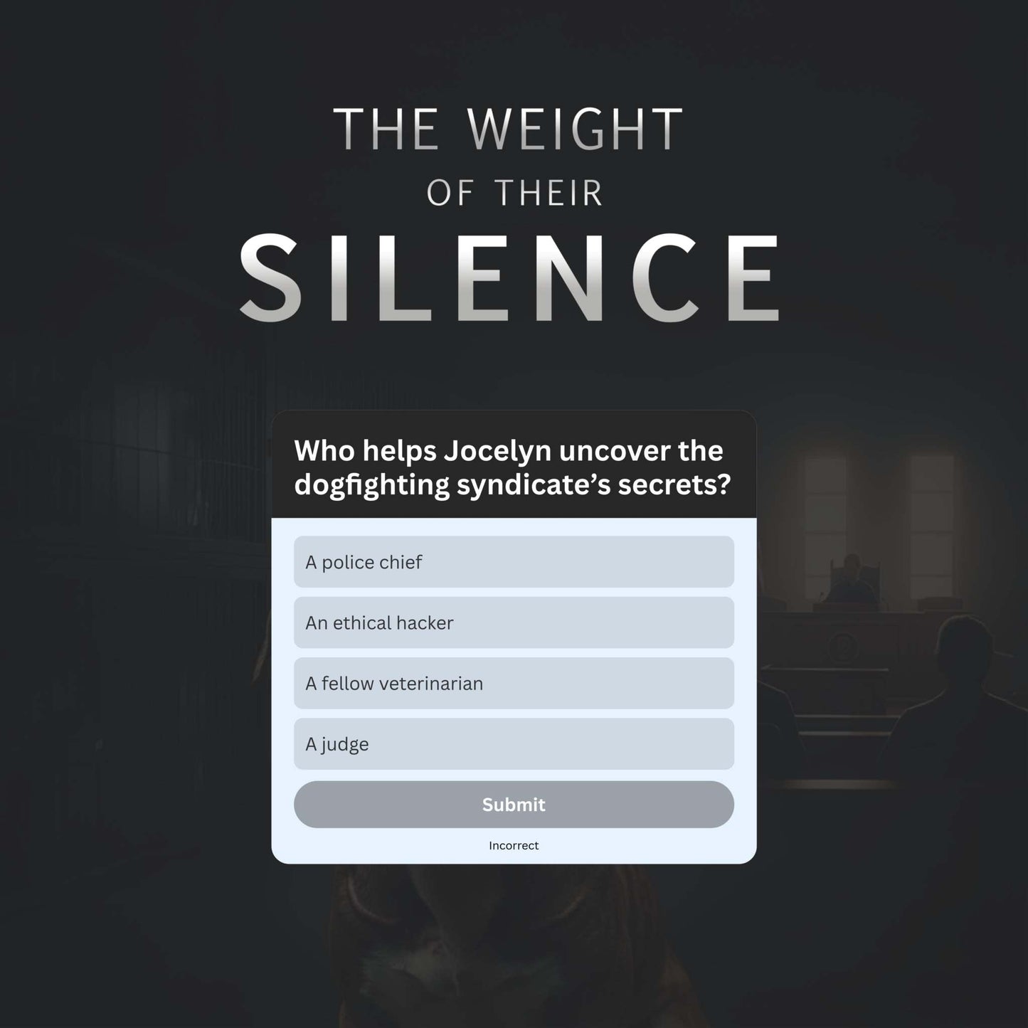 Book cover of The Weight of Their Silence ebook by M.J. Keus featuring legal drama and animal justice themes