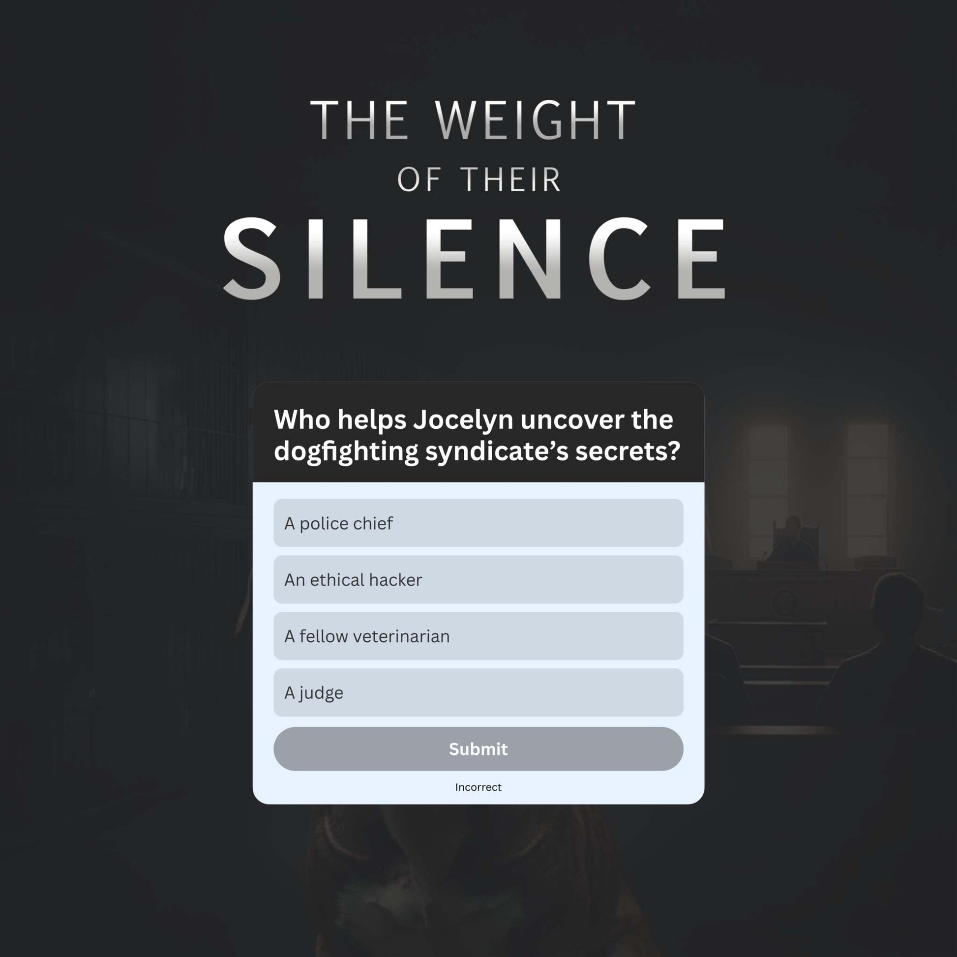Book cover of The Weight of Their Silence ebook by M.J. Keus featuring legal drama and animal justice themes