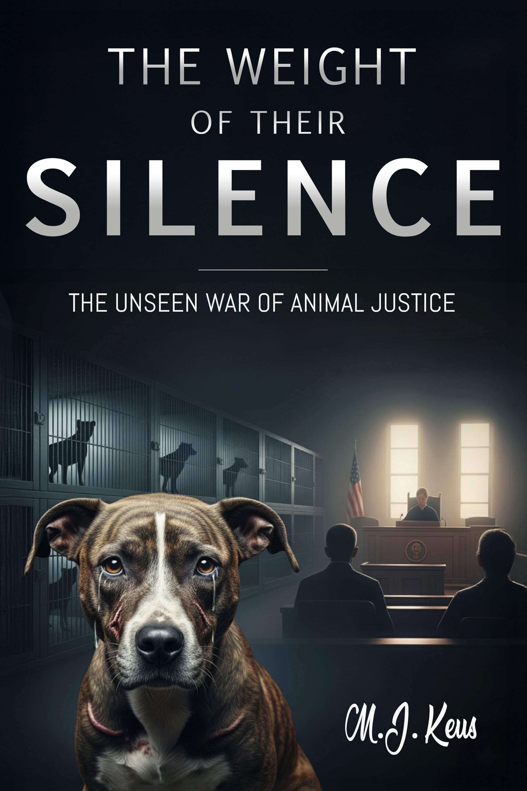 Cover of The Weight of Their Silence ebook by M.J. Keus depicting a legal thriller on animal justice and advocacy