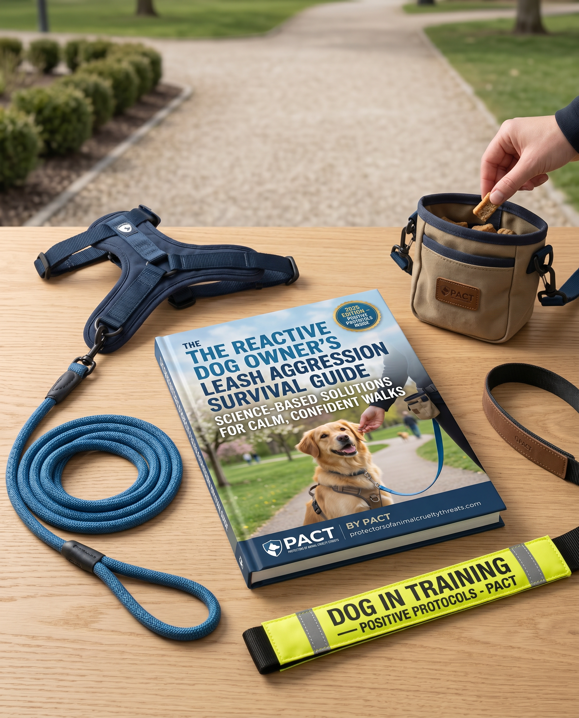 Cover of The Reactive Dog Owner's Leash Aggression Survival Guide 2025 showing a calm dog on leash with training tools and guide text