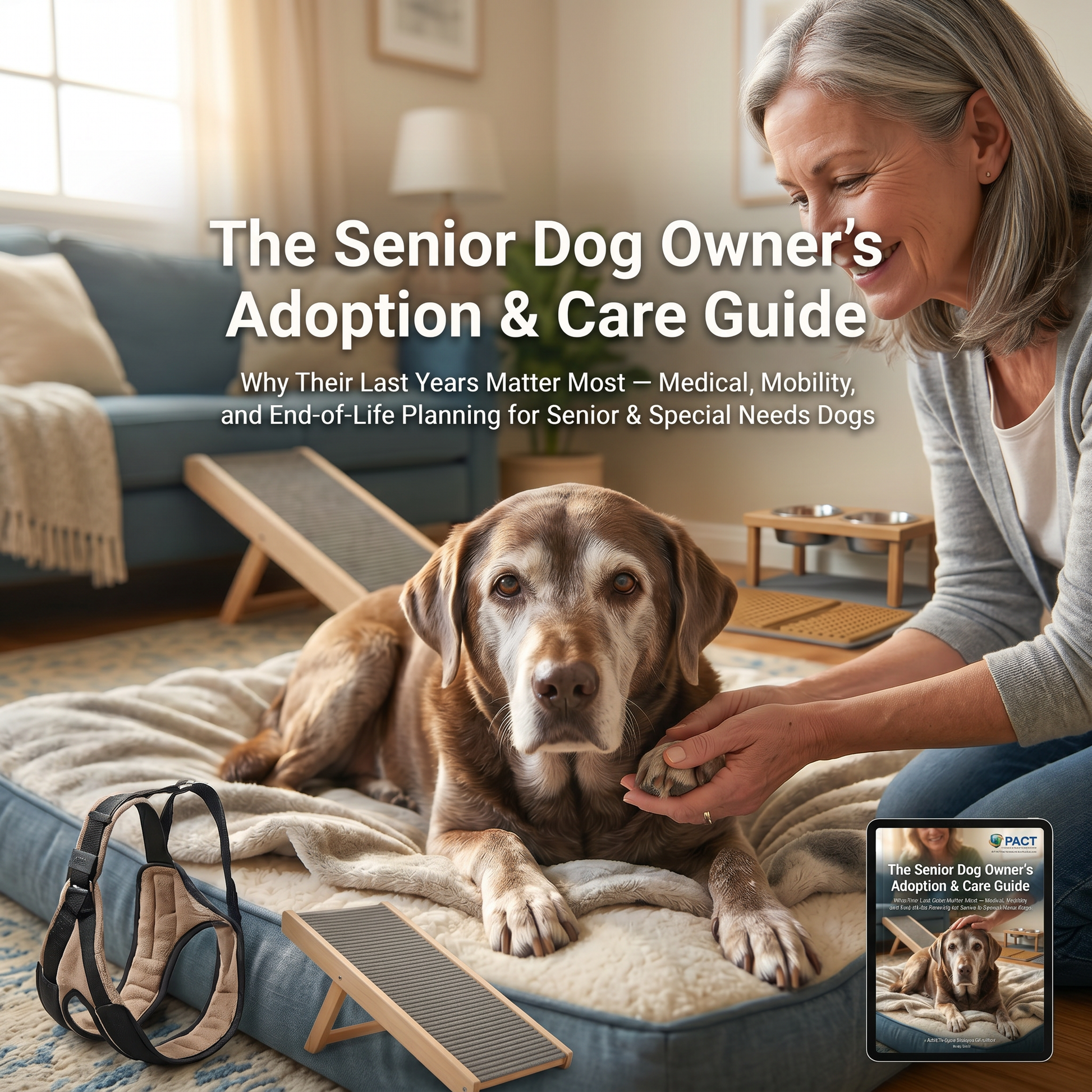 Cover of The Senior Dog Owner's Adoption & Care Guide 2025 featuring senior dog care tips and support resources