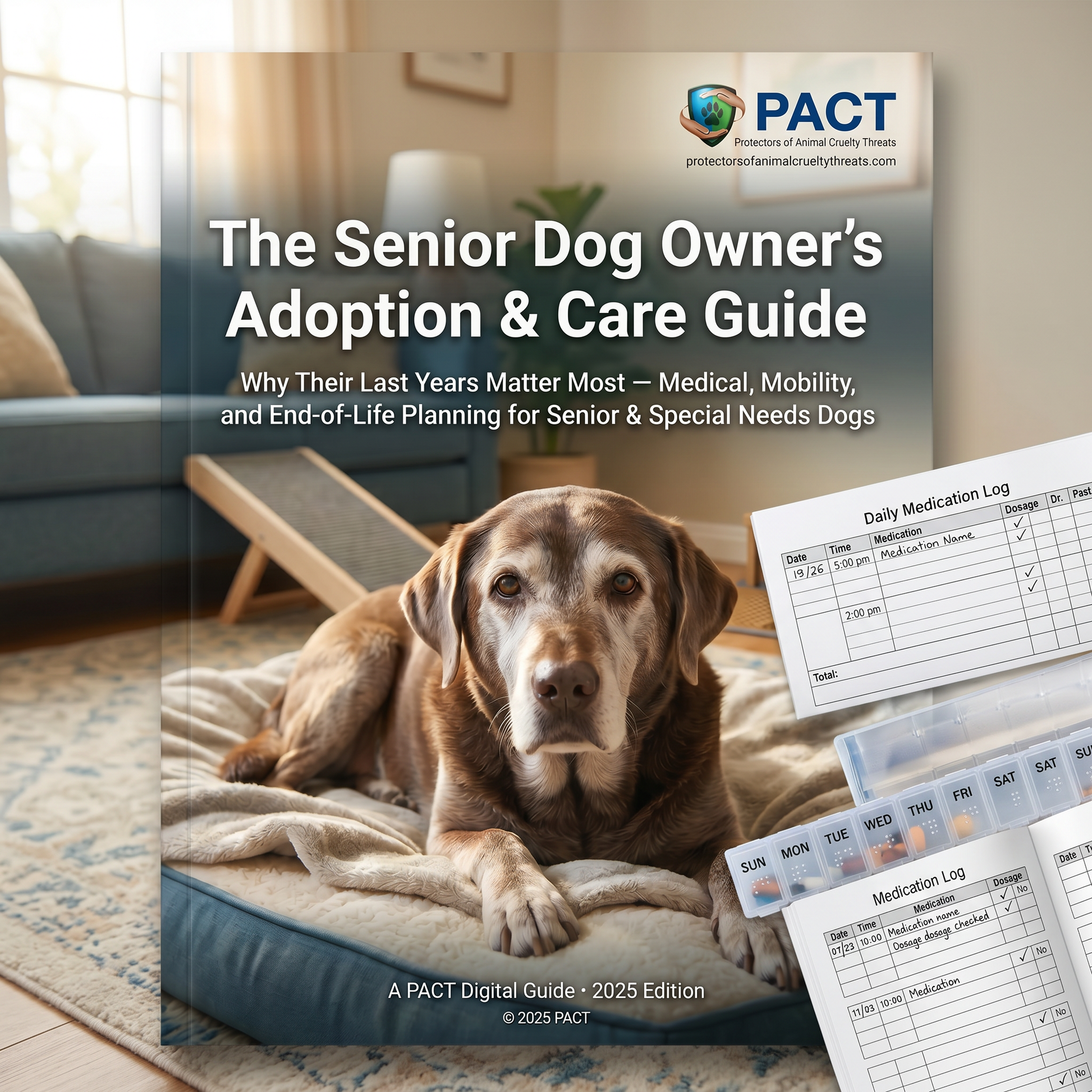 Cover of The Senior Dog Owner's Adoption & Care Guide 2025 featuring senior dog care and adoption tips
