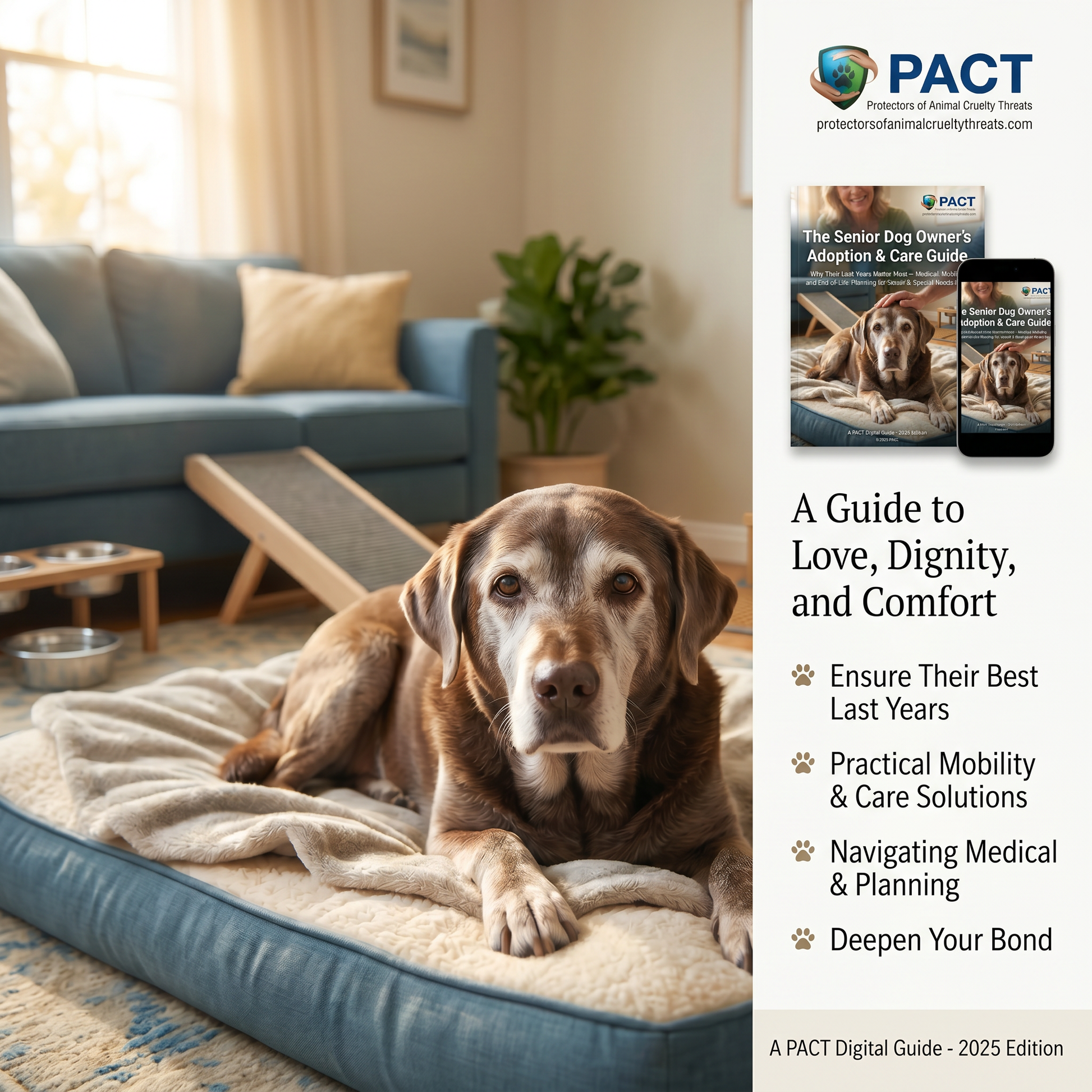 Cover of the Senior Dog Owner's Adoption & Care Guide 2025 showing a senior dog and caring owner, emphasizing senior dog care and adoption tips