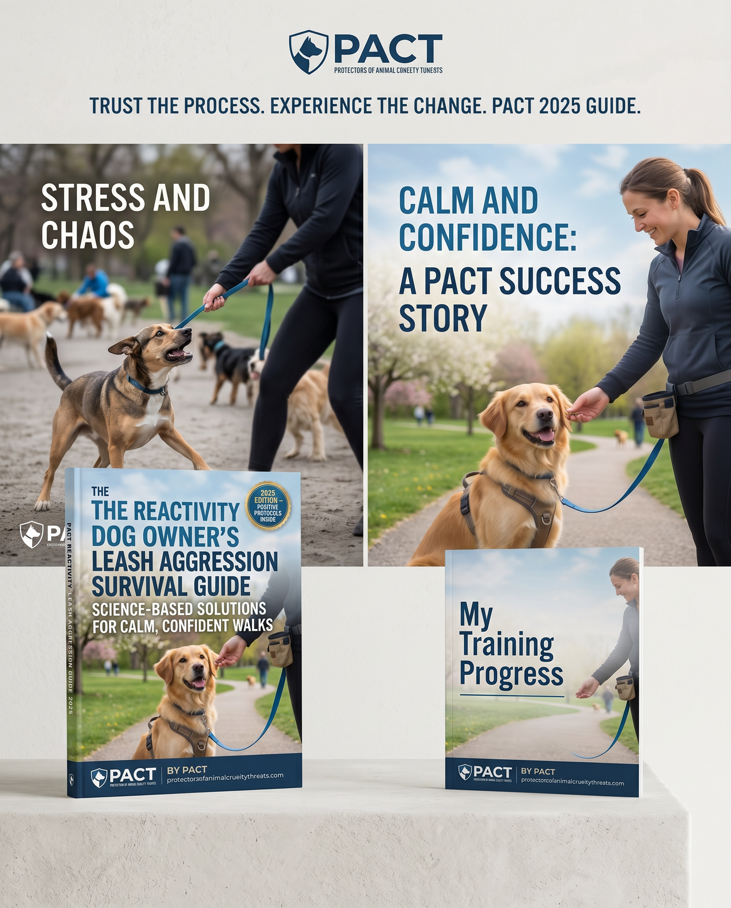 Cover of The Reactive Dog Owner's Leash Aggression Survival Guide 2025 showing a calm dog on leash with training tools and guide text