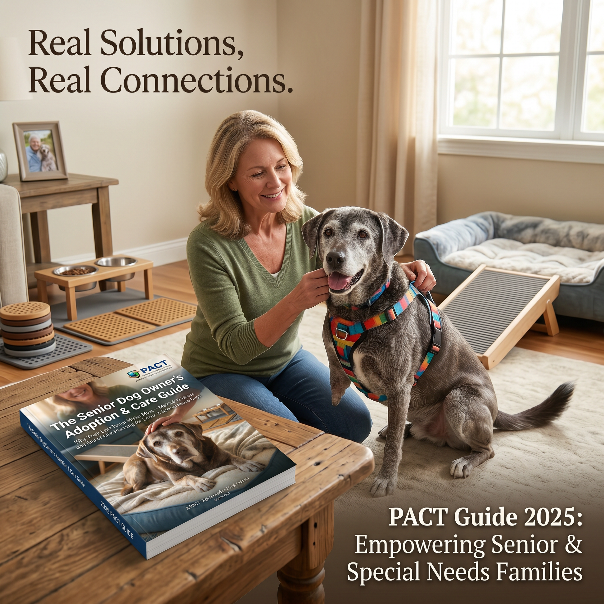 Cover of The Senior Dog Owner's Adoption & Care Guide 2025 featuring senior dog care tips and adoption advice