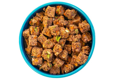 Premium raw freeze dried dog food with beef, vegetables, and fruits in a blue bowl