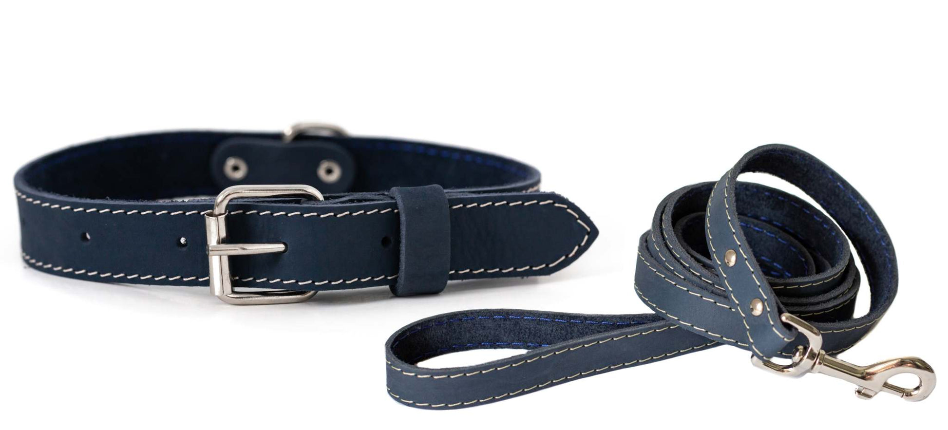 Pro Line Hunting Leather Collar and Leash Set in navy blue with white stitching and European steel hardware