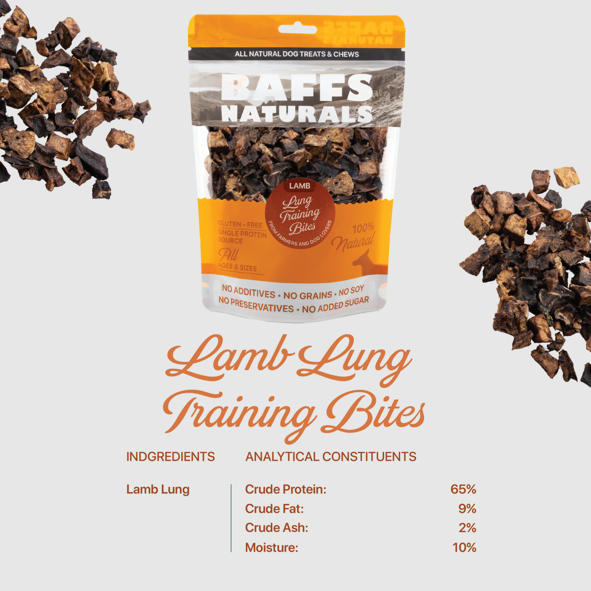 BAFFS NATURALS Lamb Lung Training Bites 7oz bag of all-natural, high-protein crunchy dog treats
