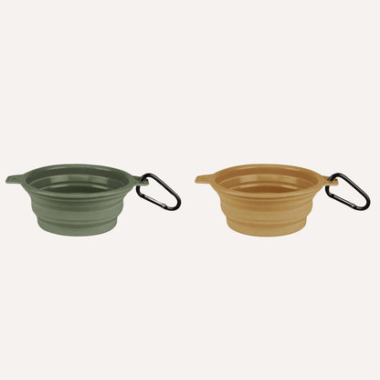 Collapsible pet bowls with clip in green and tan, compact and reusable travel accessories