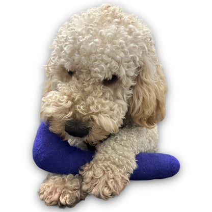 Handcrafted tube felt dog toy made from wool blend fabric for tug, chew, and fetch play