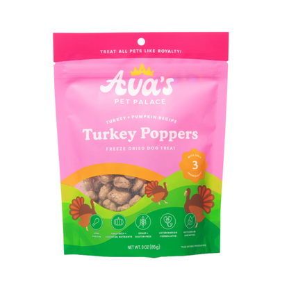 Ava's Pet Palace Freeze Dried Turkey Poppers Dog Treats 3oz pack with pumpkin and turkey for healthy digestion