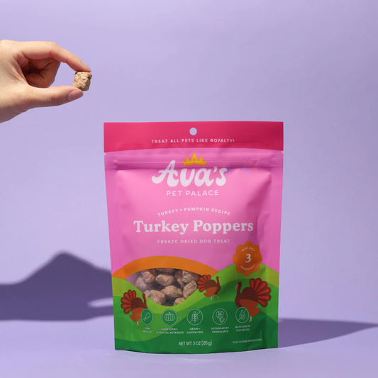 Ava's Pet Palace Freeze-Dried Turkey Poppers Dog Treats in pink resealable bag with hand holding treat