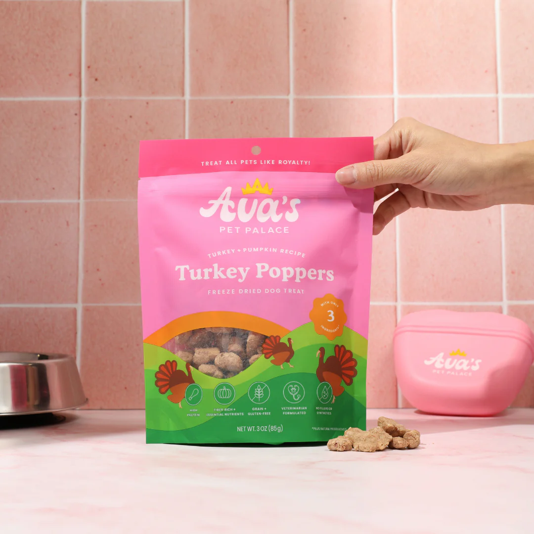 Ava's Pet Palace Turkey Poppers freeze-dried dog treats with turkey and pumpkin in resealable pink bag