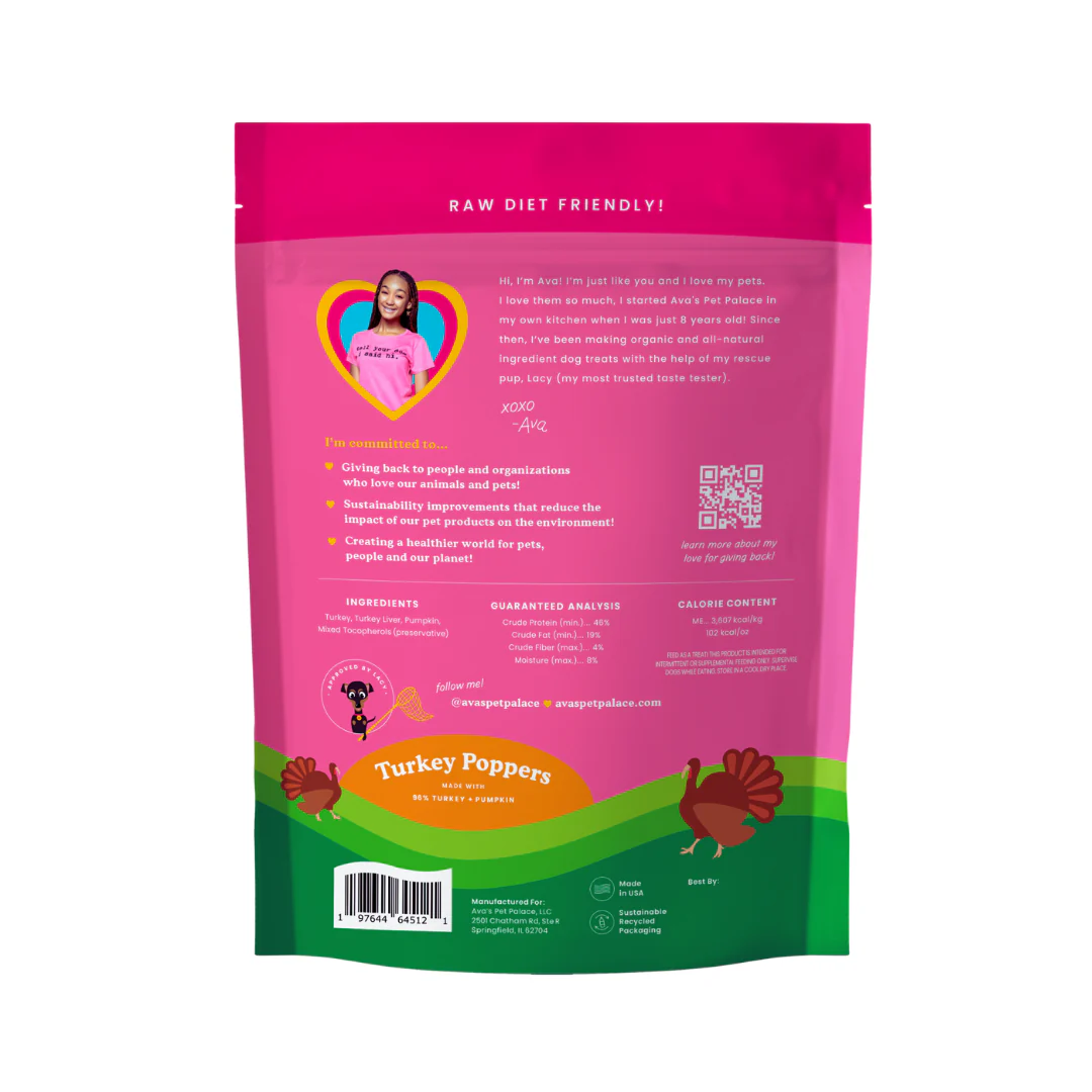 Ava's Pet Palace Freeze Dried Turkey Poppers dog treats 3oz with turkey, liver, pumpkin, low calorie and fiber-rich for digestion