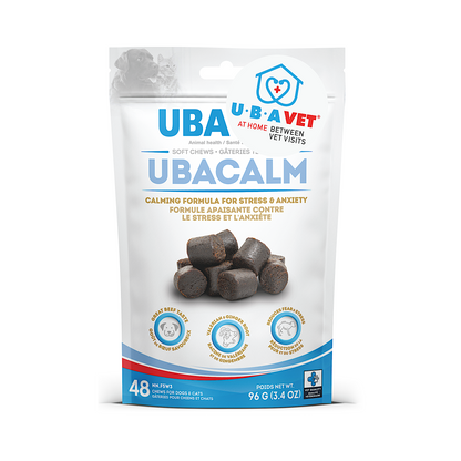 UBAVET UBACALM calming soft chews for dogs and cats natural stress and anxiety relief beef flavor