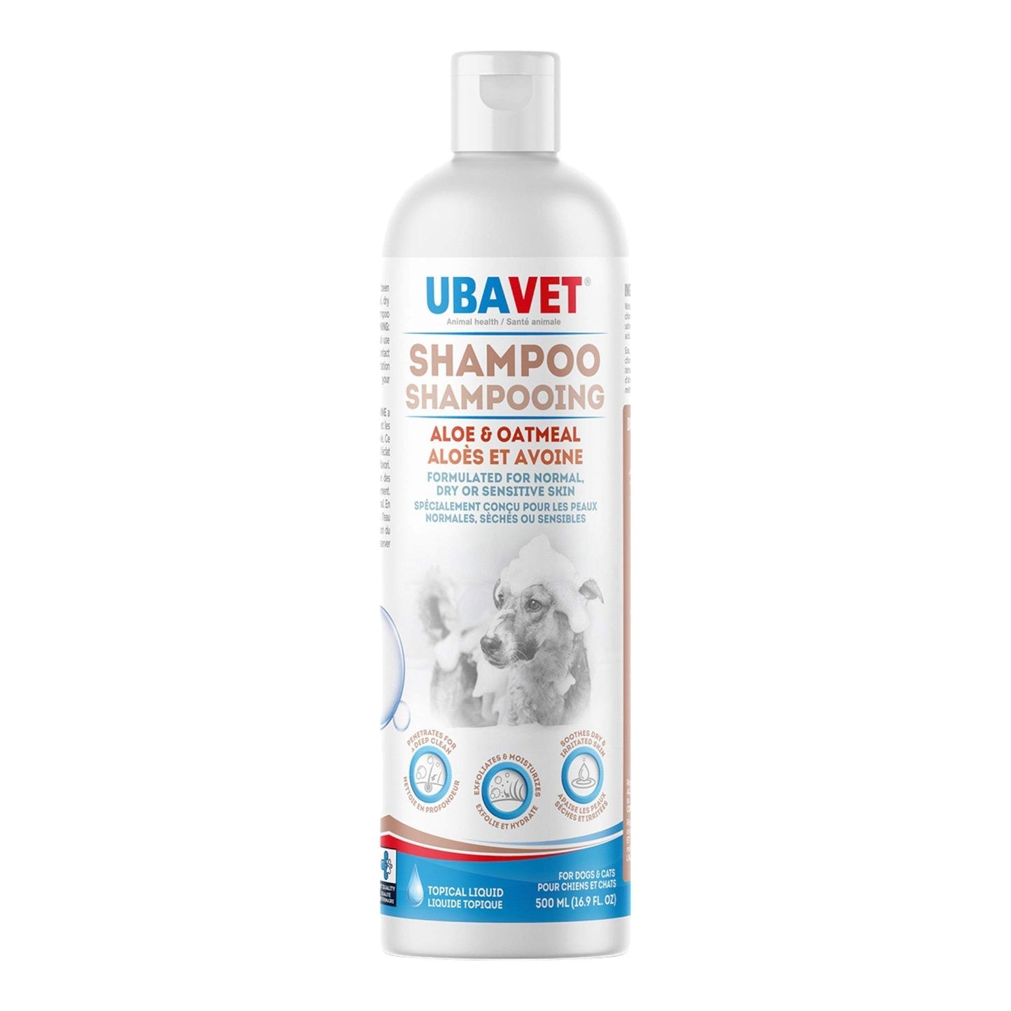 UBAVET Aloe and Oatmeal Shampoo bottle for dogs and cats with gentle, moisturizing formula for sensitive skin
