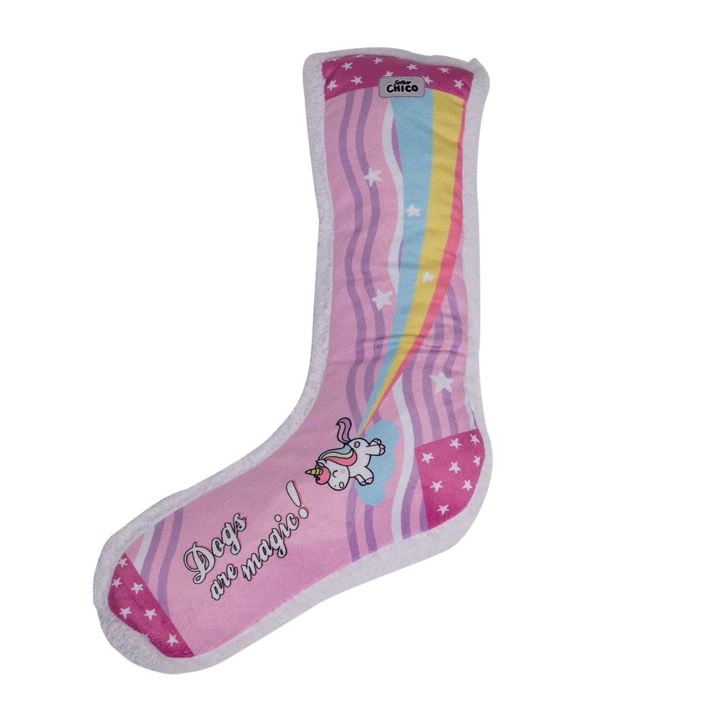 Squeaky Sock Plush Dog Toy with whimsical unicorn design, built-in squeaker, and crinkle paper for sensory play