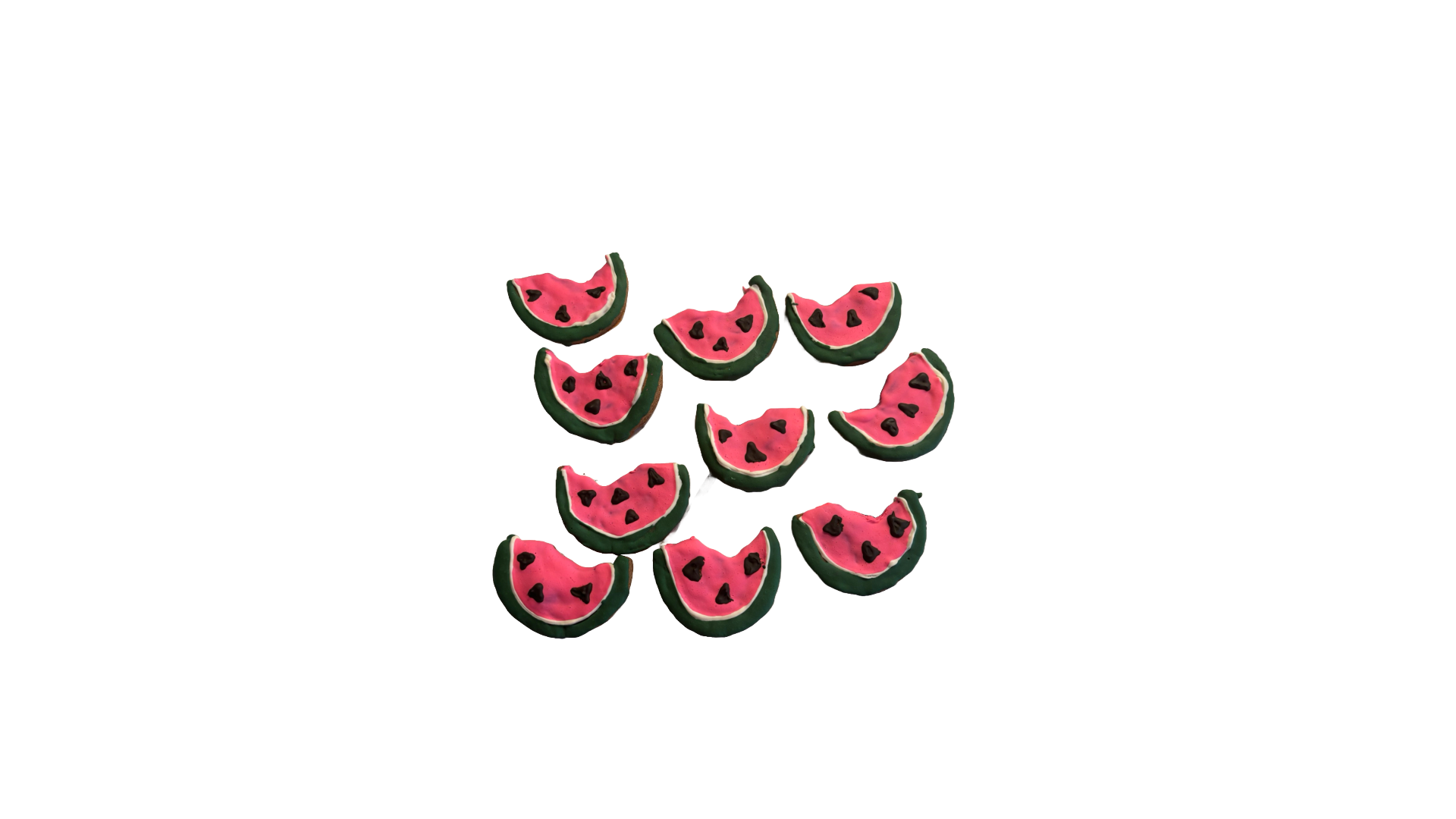 Organic watermelon dog cookies shaped like watermelon slices with peanut butter flavor and natural ingredients