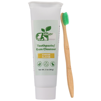 Natural pets toothpaste and gum cleanser with cheese flavor and wooden-handle toothbrush