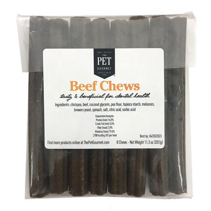 Package of beef chew packs dog treats for dental health made with natural ingredients