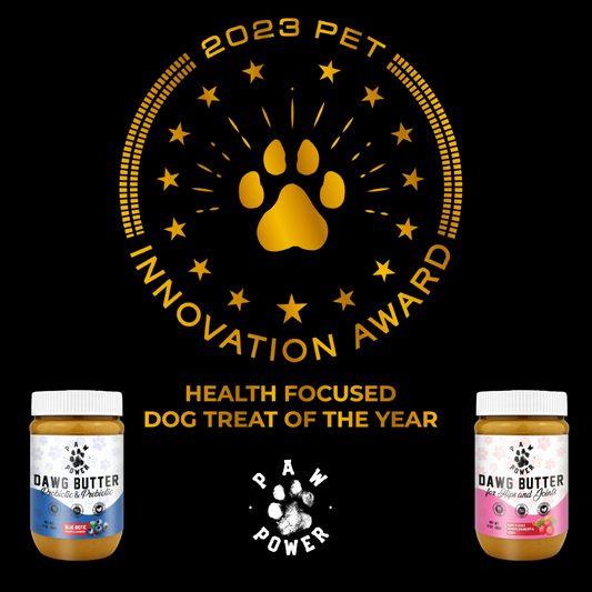 Jar of Dawg Butter Original Flavor dog treat made with non-GMO peanuts and honey, gluten-free and xylitol-free, award-winning healthy dog snack