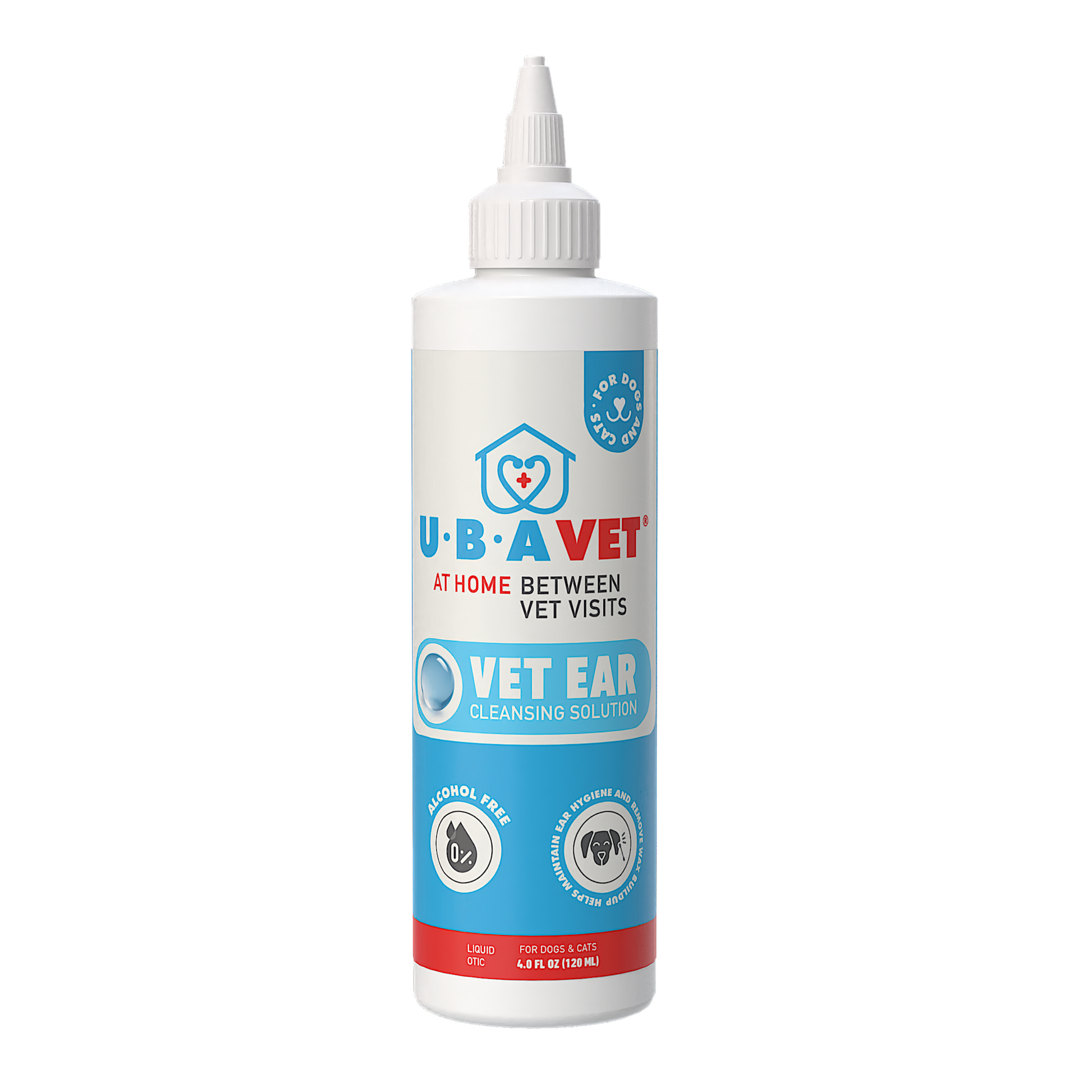 UBAVET vet ear cleansing solution bottle for dogs and cats, 4 fl oz, gentle ear hygiene with aloe vera, alcohol-free formula