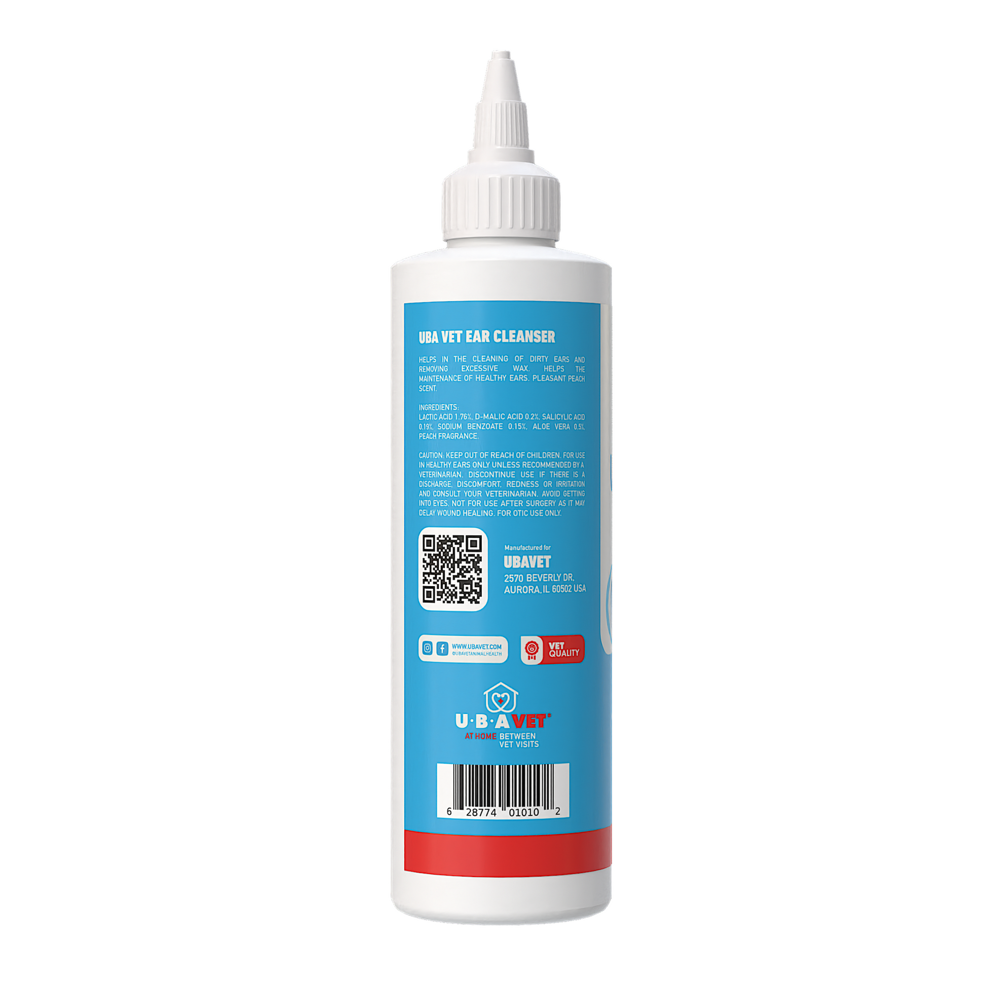UBAVET Vet Ear Cleansing Solution 4 fl oz bottle for dogs and cats, gentle vet-formulated ear cleaner with aloe vera, removes dirt and wax, reduces odor and moisture.
