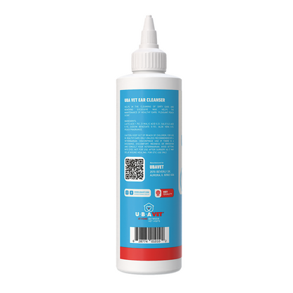 UBAVET Vet Ear Cleansing Solution 4 fl oz bottle for dogs and cats, gentle vet-formulated ear cleaner with aloe vera, removes dirt and wax, reduces odor and moisture.
