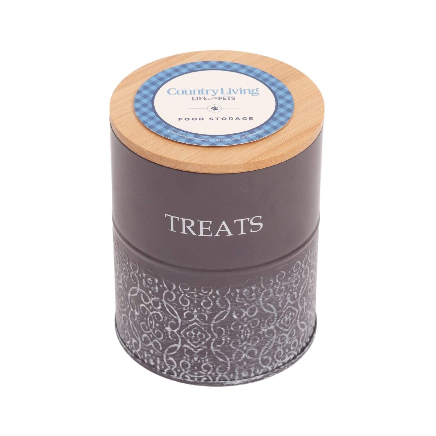 Country Living Dog Treat Canister in volcanic gray carbon steel with bamboo lid and filigree design for pet treat storage