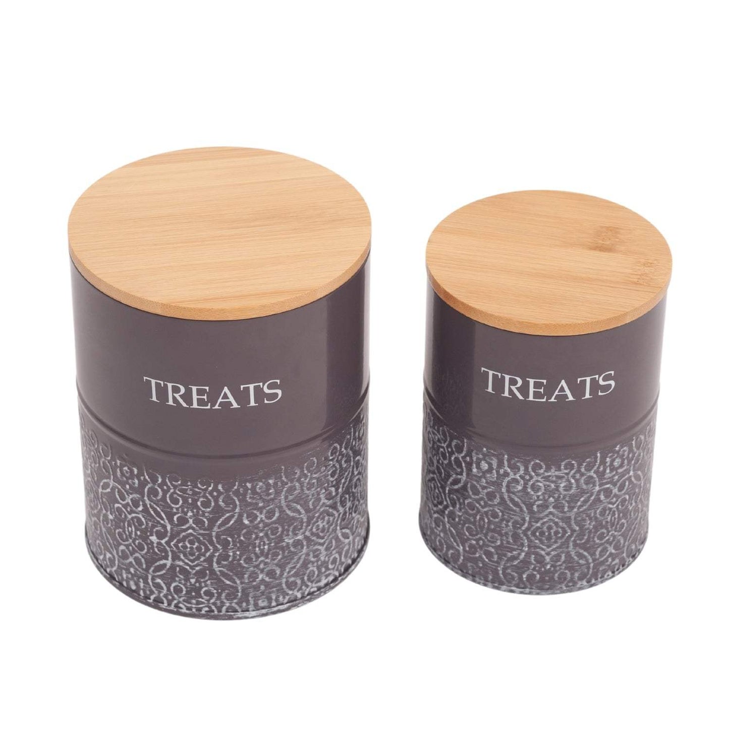 Country Living Dog Treat Canisters - 2 Carbon Steel Jars Bamboo Lids