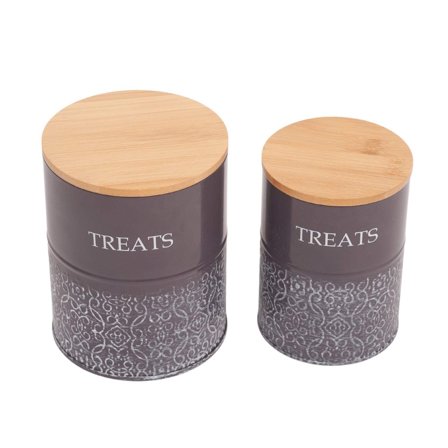 Country Living Dog Treat Canisters - 2 Carbon Steel Jars Bamboo Lids