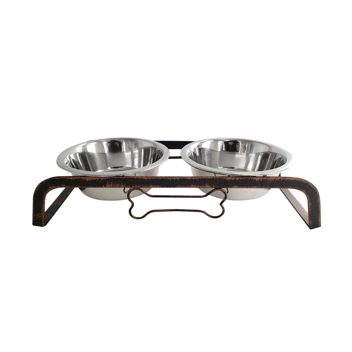 Country Living Rustic Dog Bone elevated feeder with two stainless steel bowls on antique copper base
