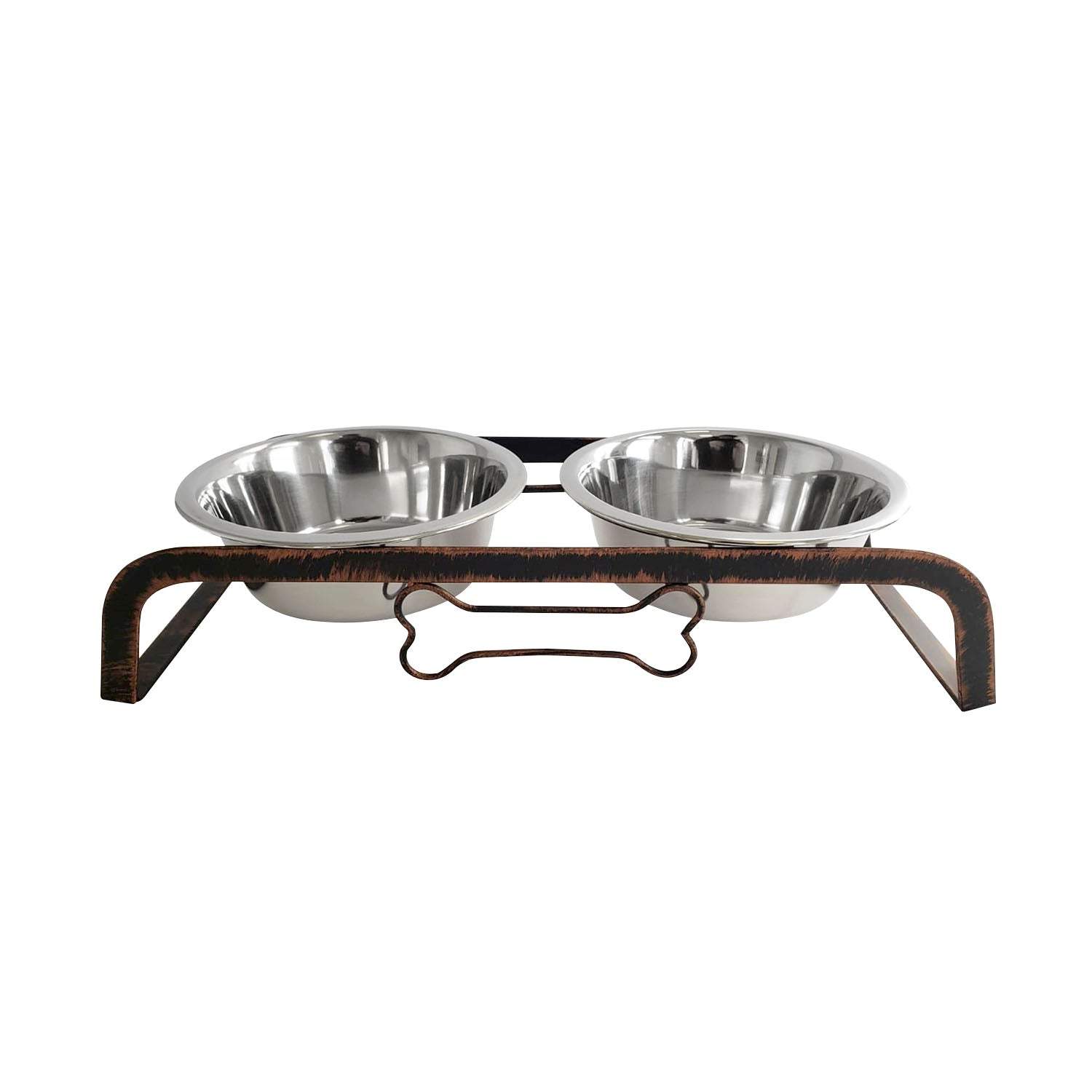 Country Living Rustic Dog Bone elevated feeder with two stainless steel bowls on antique copper base