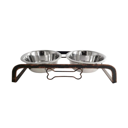 Country Living Rustic Dog Bone elevated feeder with two stainless steel bowls on antique copper base