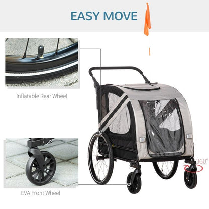 2-in-1 pet bike trailer and stroller with inflatable rear wheels, EVA 360-degree swivel front wheels, mesh ventilation, and a safety flag for visibility