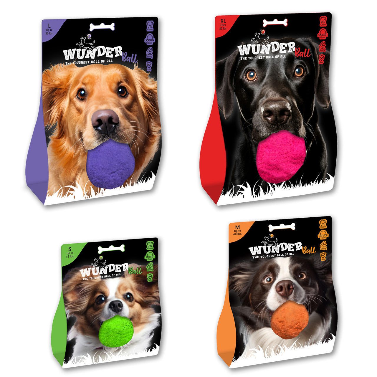 WUNDERball Best Fetch Toy in purple, pink, green, and orange packaging with dog images for durable, chew-proof dog fetch play