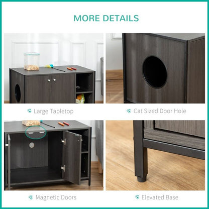 Hidden dark wood cat litter box enclosure with magnetic doors, elevated base, large tabletop, and cat-sized door hole