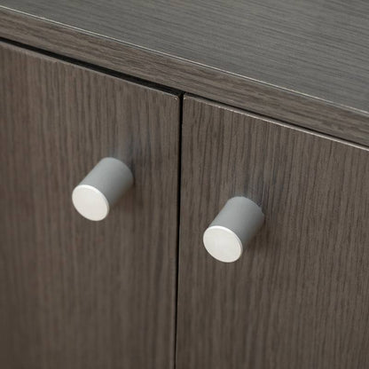 Close-up of wooden Hidden Cat Litter Box Enclosure cabinet doors with metal knobs