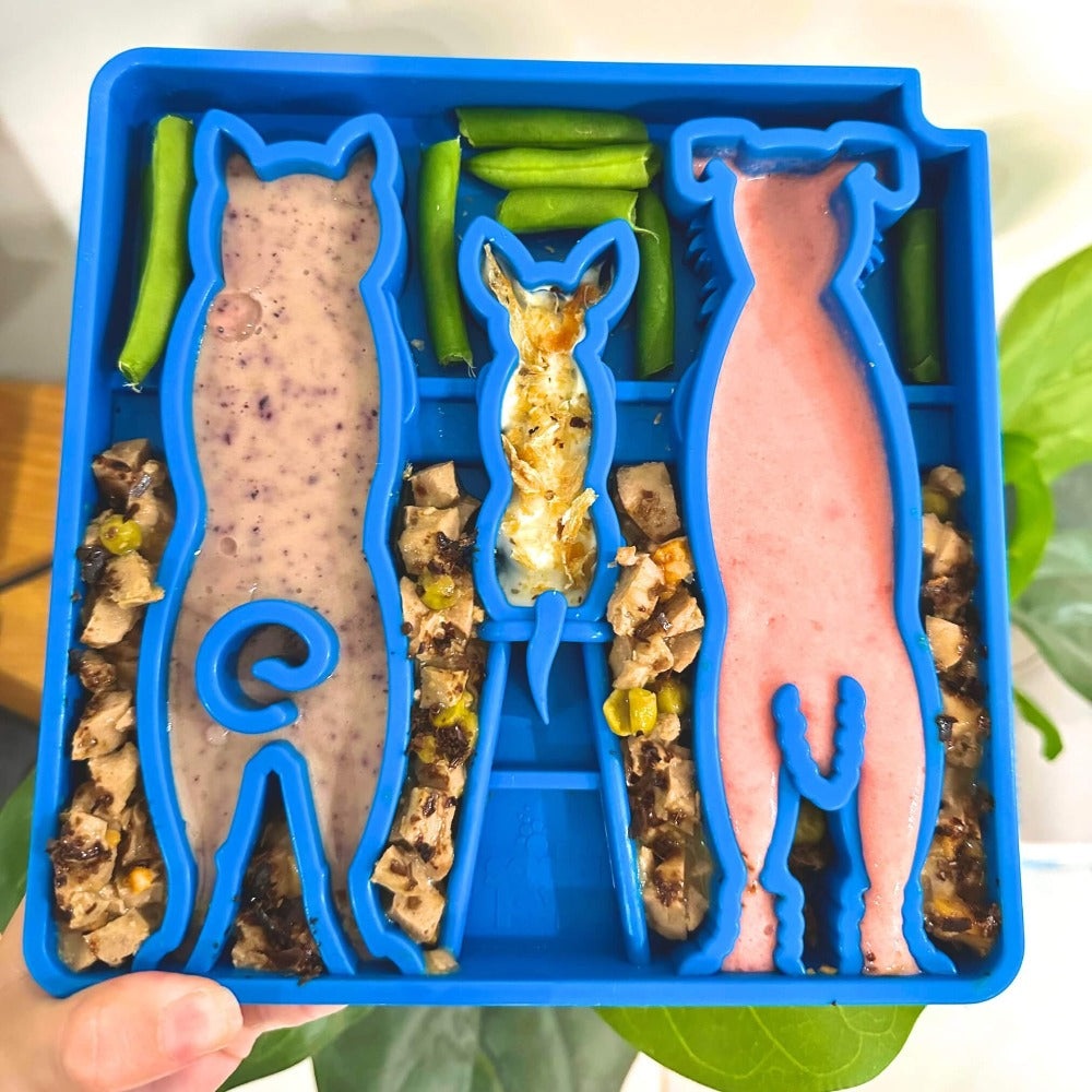 Blue Waiting Dogs Design eTray slow feeder bowl with dog-shaped compartments filled with dog food and treats for mental stimulation