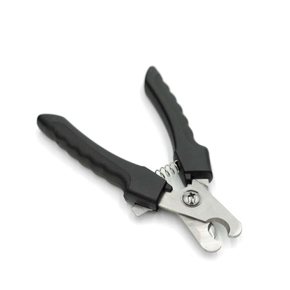 Dog nail clippers with sharp stainless steel blades, ergonomic non-slip handle, and included nail file for pet grooming