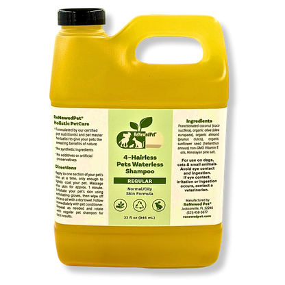 Yellow bottle of ReNewedPet 4-Hairless Pets regular formula waterless shampoo for normal oily skin