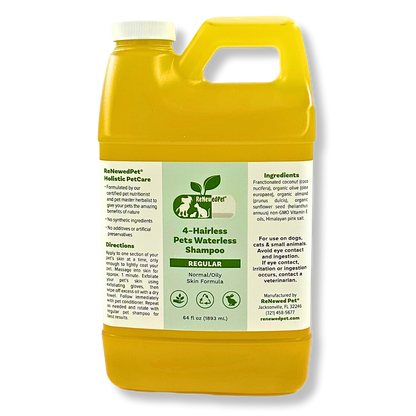 Yellow 64 oz bottle of ReNewedPet 4-Hairless Pets Regular Waterless Shampoo for normal to oily skin, natural organic ingredients.