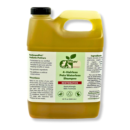 ReNewedPet 4-Hairless Pets Restorative Waterless Shampoo for rash and allergic skin formula, natural organic ingredients, 32 oz bottle