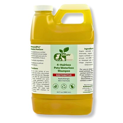 64 oz ReNewedPet 4-Hairless Pets Restorative Waterless Shampoo for rash and allergic skin, organic and natural ingredients