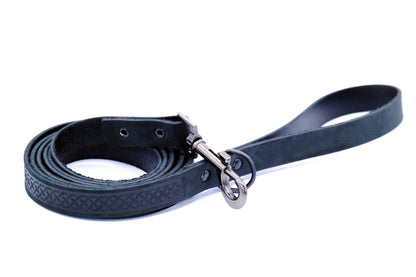 Celtic Sport Midnight Black Leather Dog Leash with Celtic Fire & Water Rune Design and black hardware