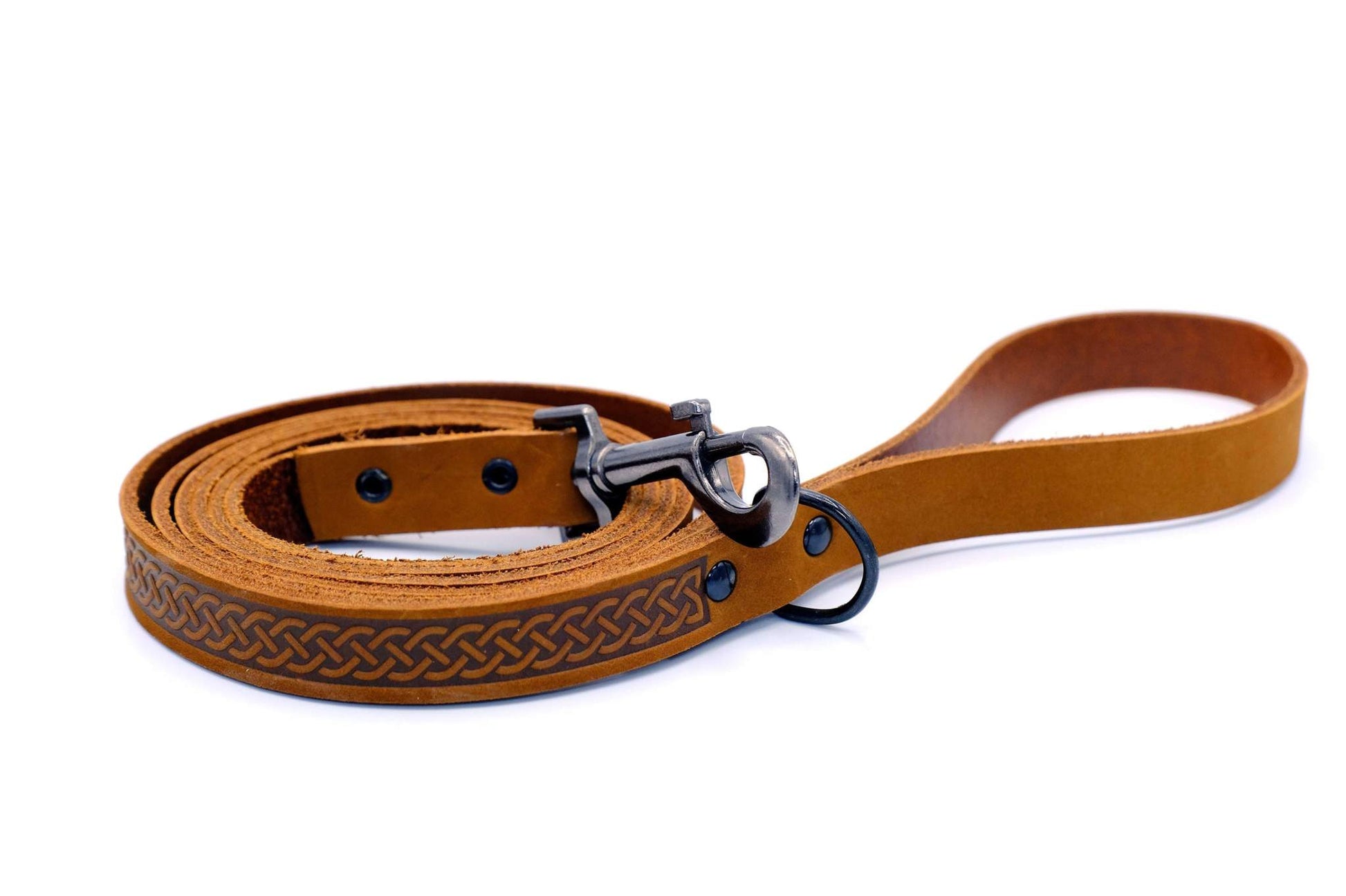 Celtic Sport Earth Brown Leather Dog Leash with black hardware and Celtic fire and water rune design