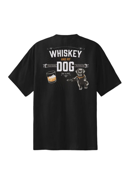 Black "Whiskey and My Dog" T-shirt with whiskey glass and dog graphic design