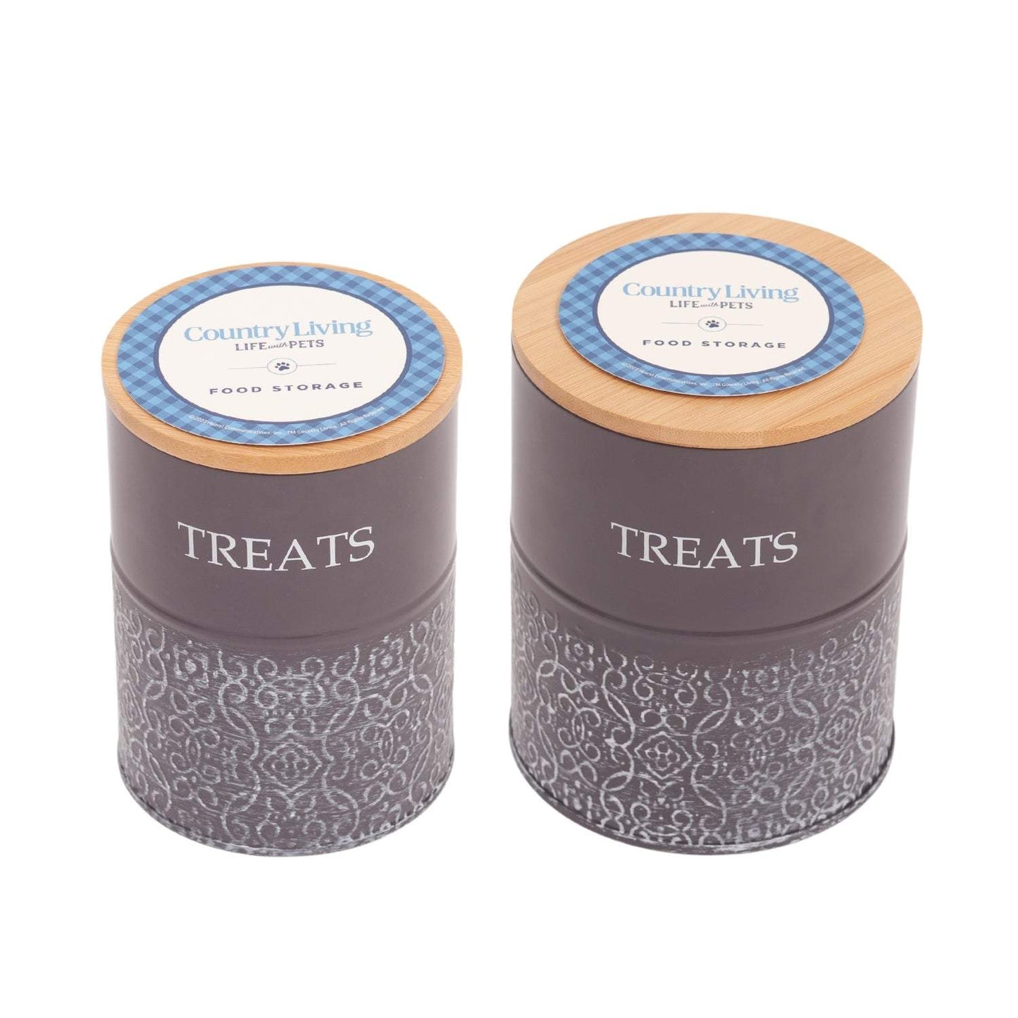 Country Living dog treat canisters set of 2 volcanic gray carbon steel jars with bamboo lids for pet treat storage