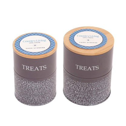 Country Living dog treat canisters set of 2 volcanic gray carbon steel jars with bamboo lids for pet treat storage